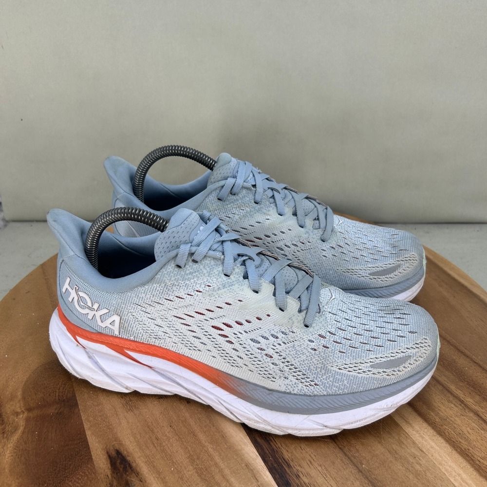 Hoka One One Clifton 8 Blue Orange Women Running Shoes Size 9 B Cushioned